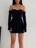 Off Shoulder Sweetheart Long Sleeve Thumbhole Bodycon Mini Dress