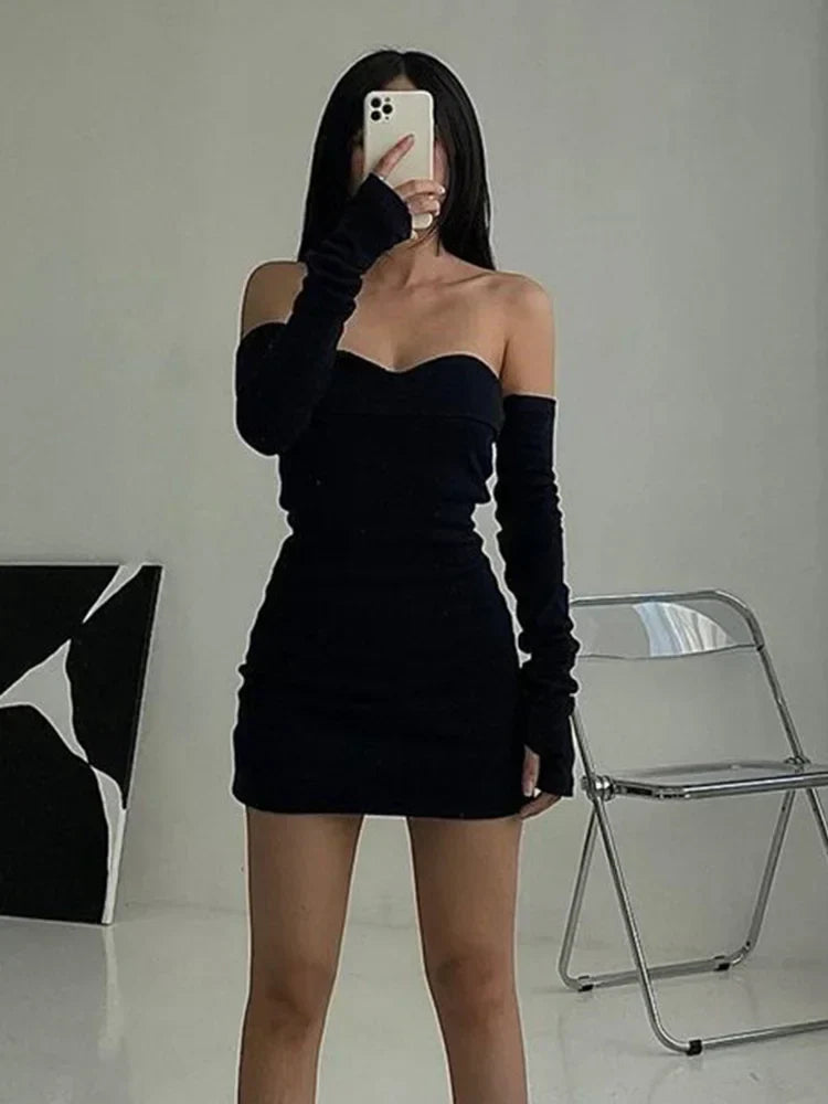 Off Shoulder Sweetheart Long Sleeve Thumbhole Bodycon Mini Dress