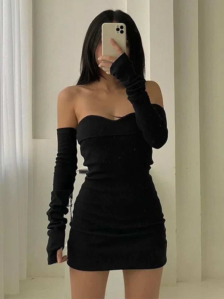 Off Shoulder Sweetheart Long Sleeve Thumbhole Bodycon Mini Dress