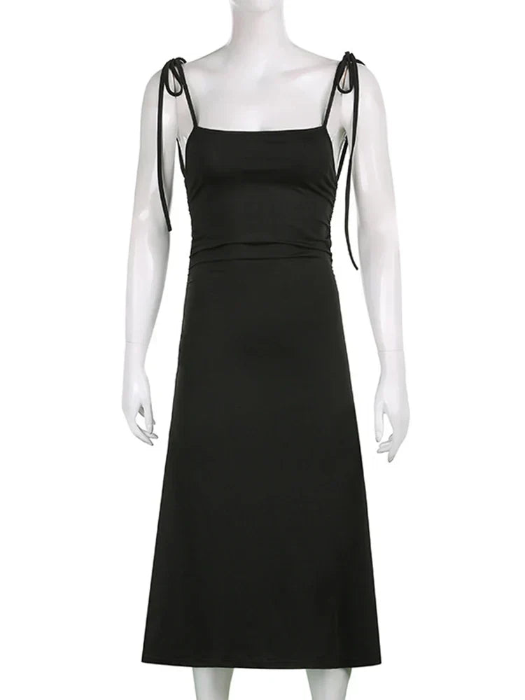 Spaghetti Strap Bow Shoulder Ruched Side Bodycon Midi Dress