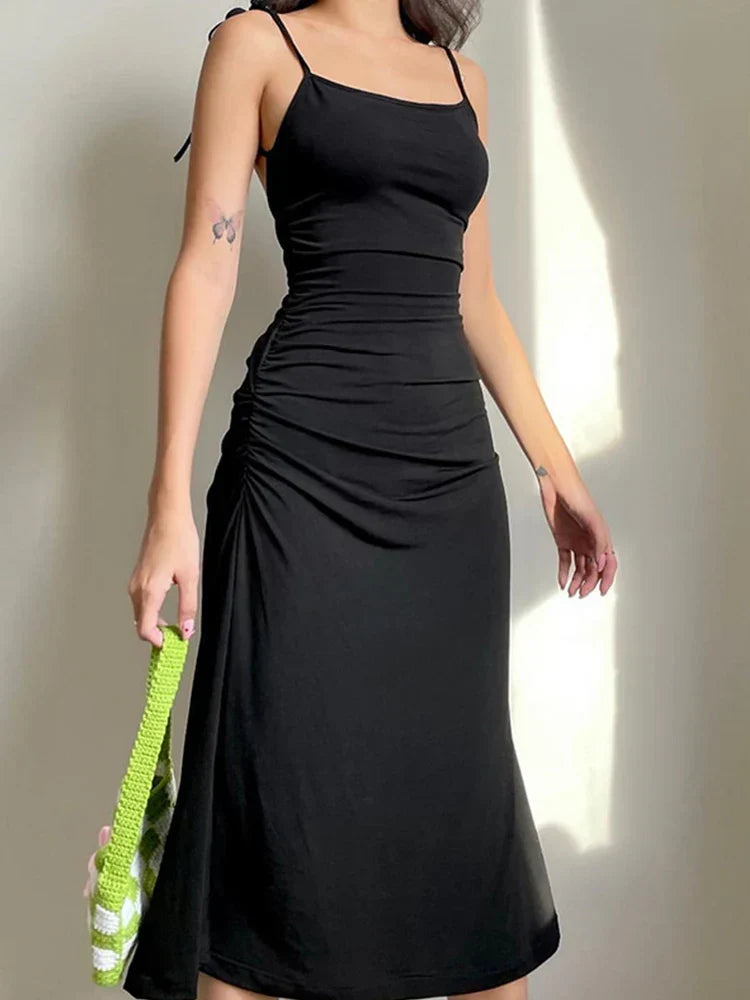 Spaghetti Strap Bow Shoulder Ruched Side Bodycon Midi Dress