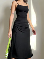 Spaghetti Strap Bow Shoulder Ruched Side Bodycon Midi Dress