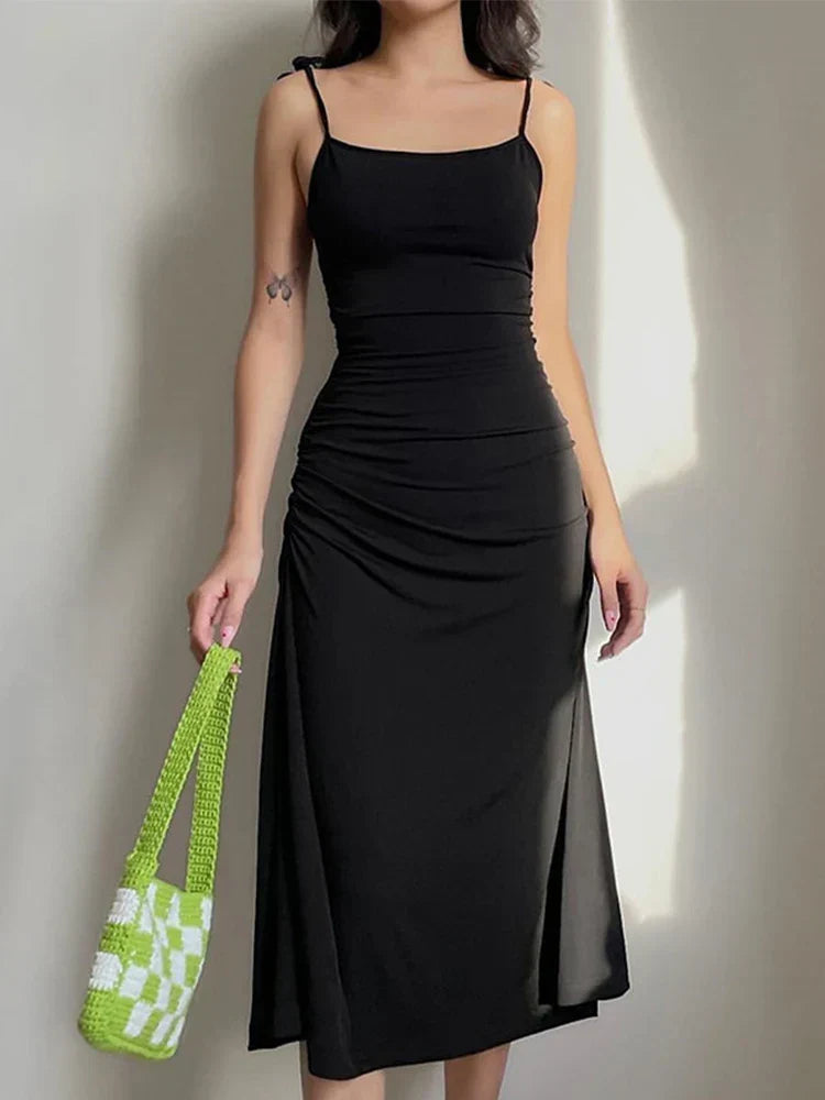 Spaghetti Strap Bow Shoulder Ruched Side Bodycon Midi Dress