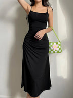 Spaghetti Strap Bow Shoulder Ruched Side Bodycon Midi Dress