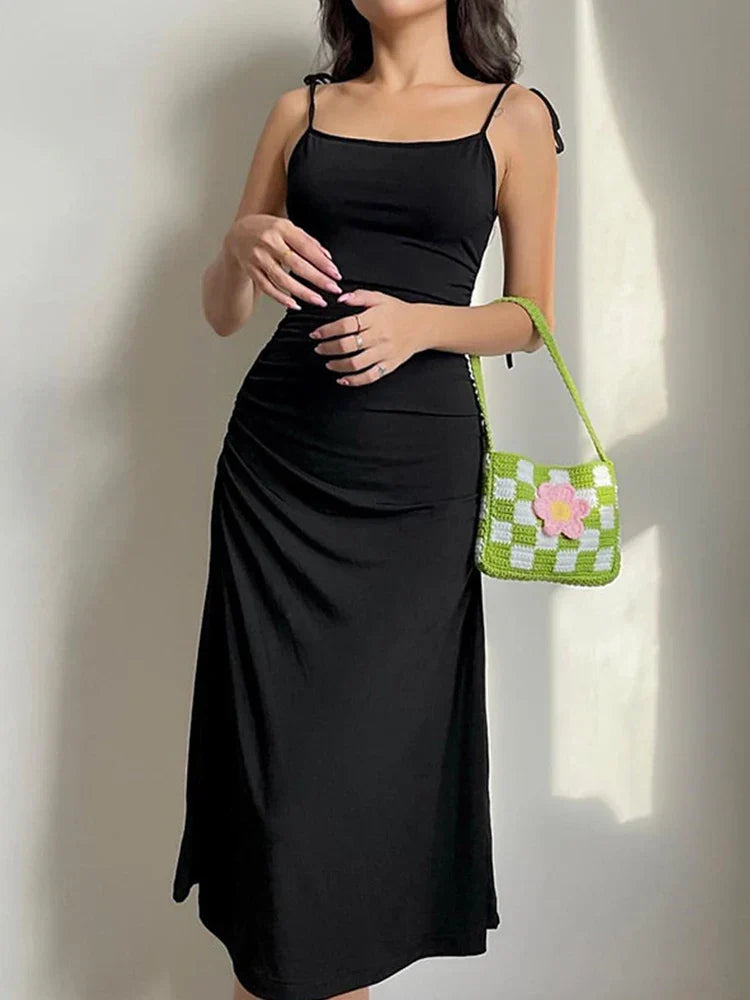 Spaghetti Strap Bow Shoulder Ruched Side Bodycon Midi Dress