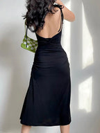 Spaghetti Strap Bow Shoulder Ruched Side Bodycon Midi Dress