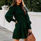 Smocked High Neck Lantern Sleeve Tiered Ruffle Mini Dress