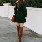 Smocked High Neck Lantern Sleeve Tiered Ruffle Mini Dress