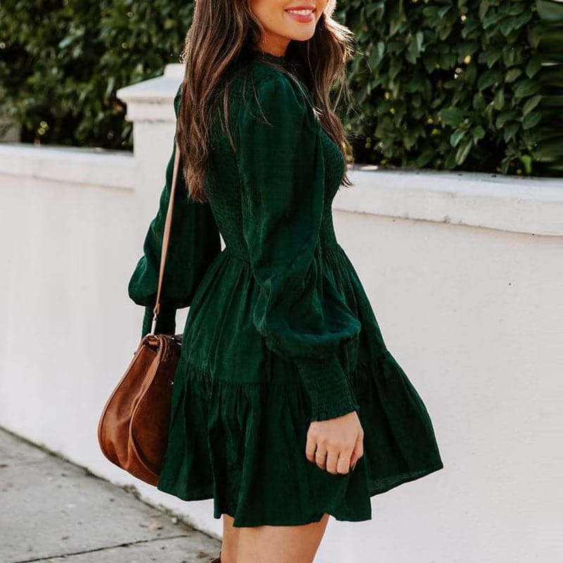 Smocked High Neck Lantern Sleeve Tiered Ruffle Mini Dress