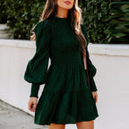 Smocked High Neck Lantern Sleeve Tiered Ruffle Mini Dress