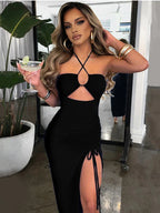 Halter Criss-Cross Keyhole Midriff Cutout Tie Side Slit Ruched Bodycon Midi Dress