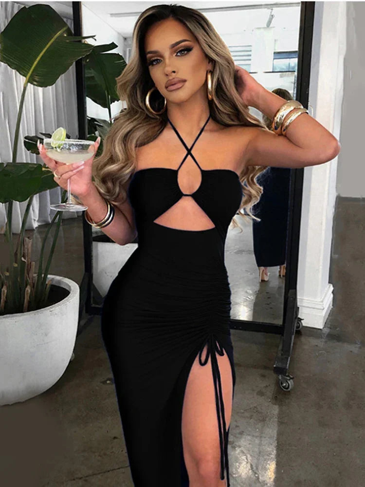 Halter Criss-Cross Keyhole Midriff Cutout Tie Side Slit Ruched Bodycon Midi Dress
