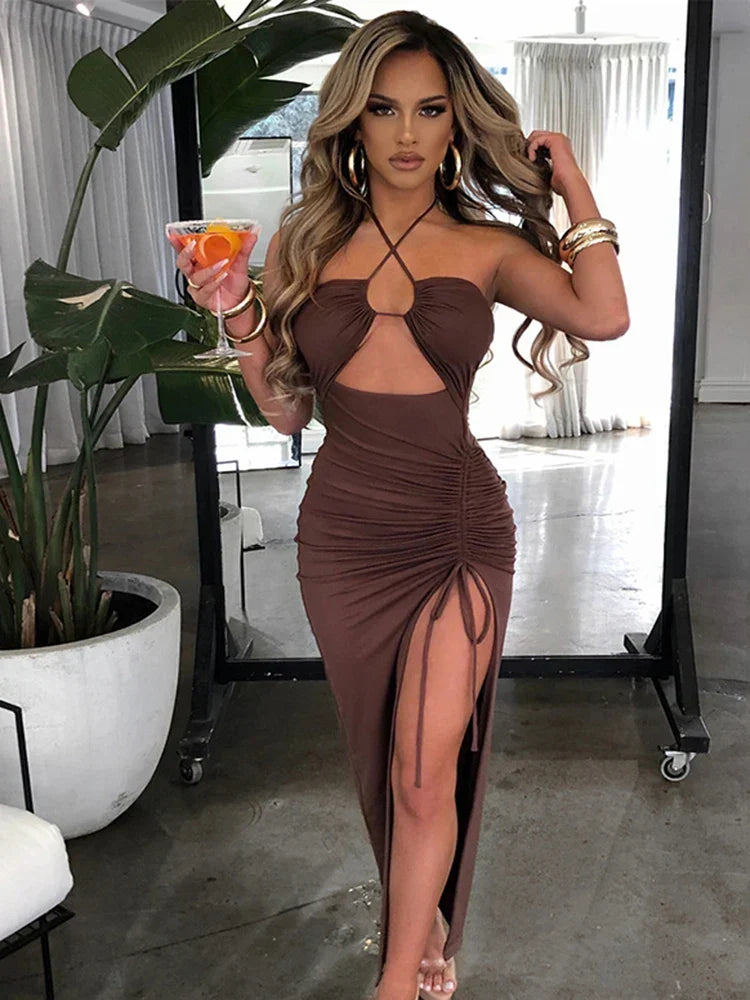 Halter Criss-Cross Keyhole Midriff Cutout Tie Side Slit Ruched Bodycon Midi Dress