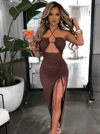 Halter Criss-Cross Keyhole Midriff Cutout Tie Side Slit Ruched Bodycon Midi Dress