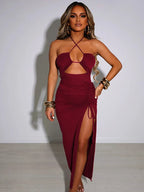 Halter Criss-Cross Keyhole Midriff Cutout Tie Side Slit Ruched Bodycon Midi Dress