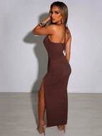 Halter Criss-Cross Keyhole Midriff Cutout Tie Side Slit Ruched Bodycon Midi Dress