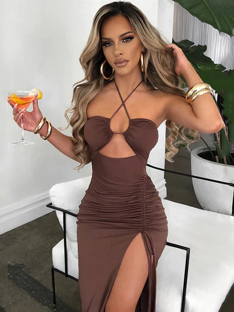 Halter Criss-Cross Keyhole Midriff Cutout Tie Side Slit Ruched Bodycon Midi Dress