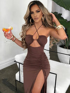 Halter Criss-Cross Keyhole Midriff Cutout Tie Side Slit Ruched Bodycon Midi Dress