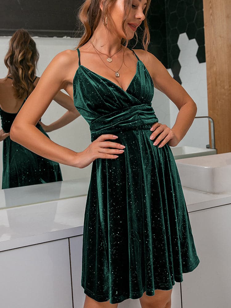 Velvet Glitter Spaghetti Strap Surplice Ruched Waist Open Back Mini Dress