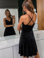 Velvet Glitter Spaghetti Strap Surplice Ruched Waist Open Back Mini Dress