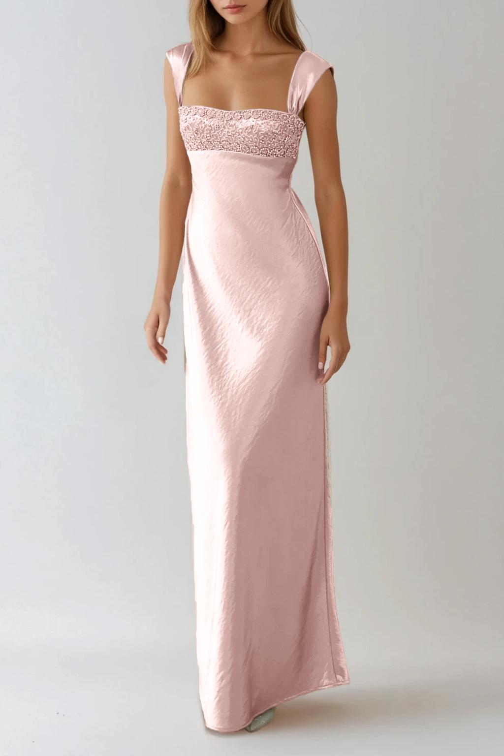Embellished Square Neck Cap Strap Sleeveless Satin Column Gown