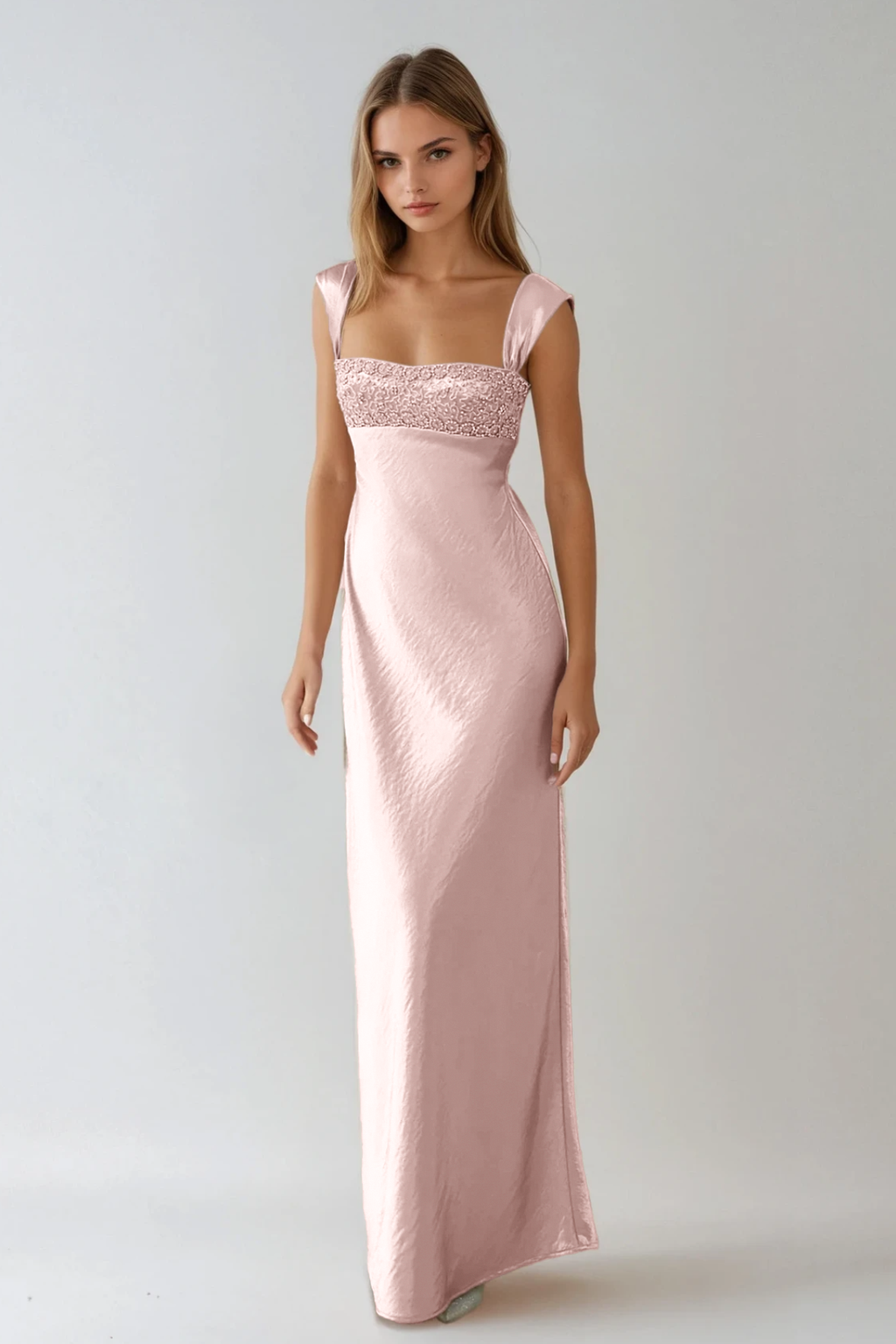 Embellished Square Neck Cap Strap Sleeveless Satin Column Gown