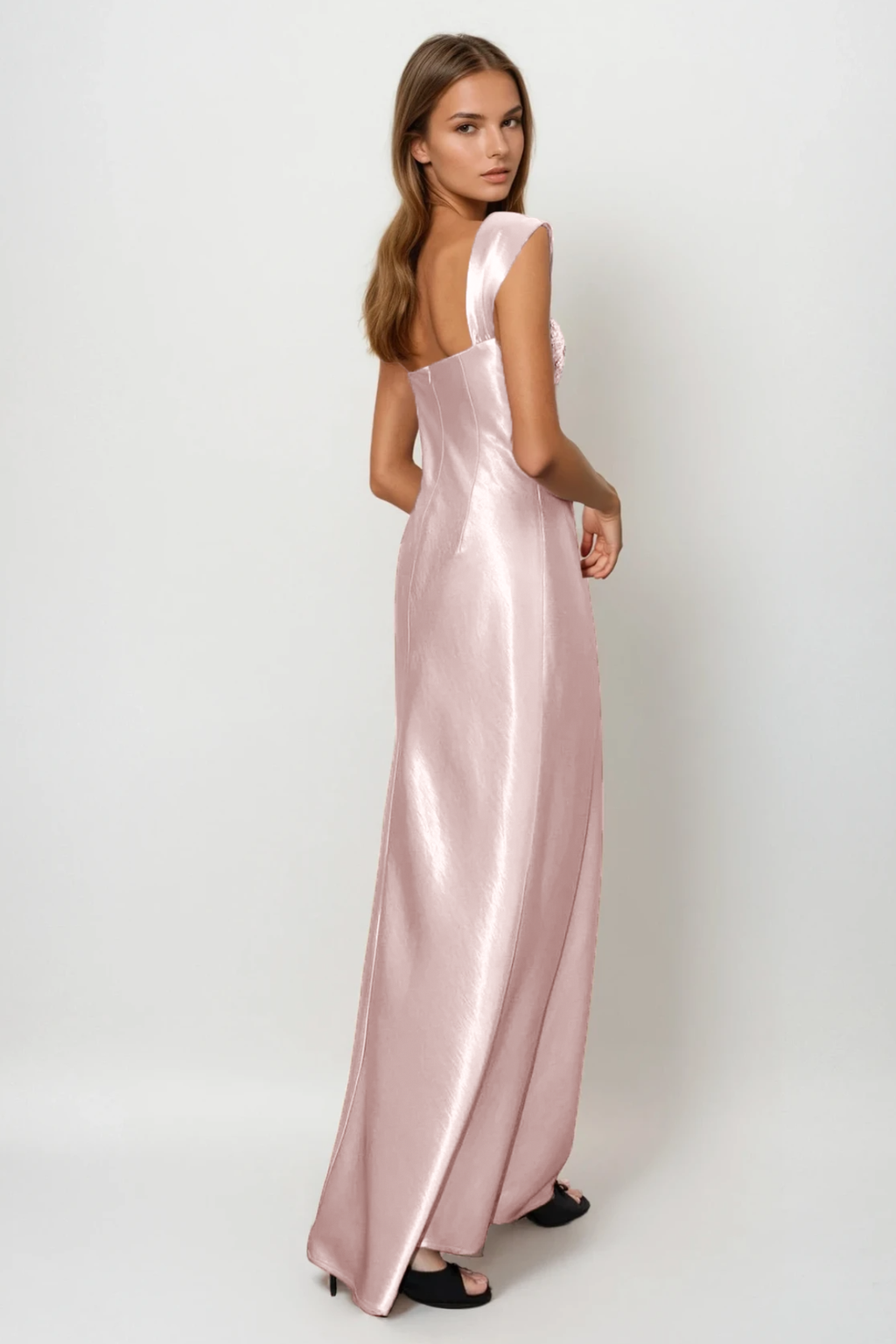 Embellished Square Neck Cap Strap Sleeveless Satin Column Gown