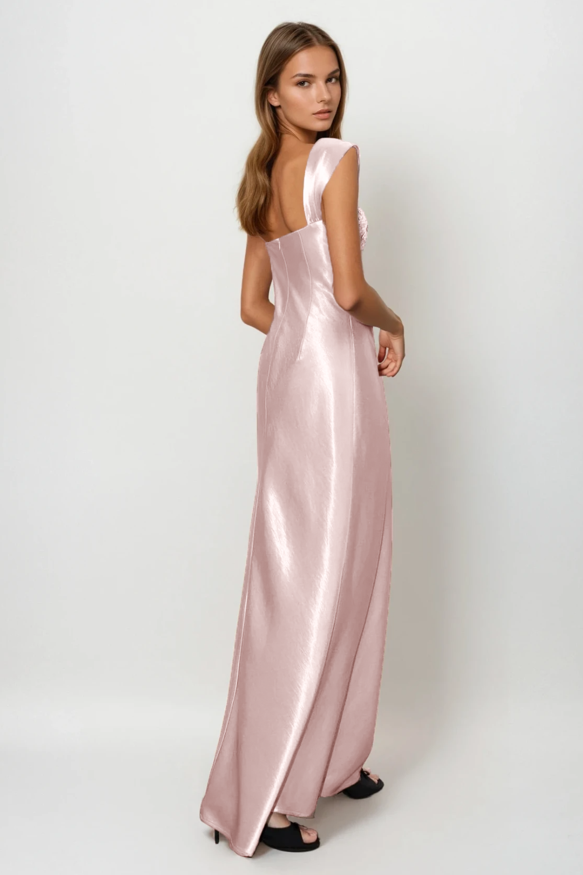 Embellished Square Neck Cap Strap Sleeveless Satin Column Gown