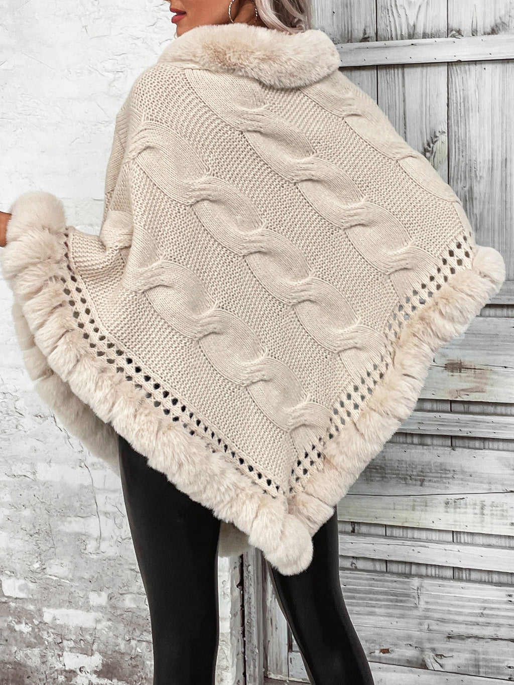 Blue Zone Planet | Faux Fur Trim Cable-Knit Poncho