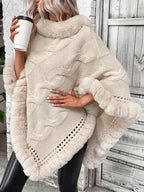 Blue Zone Planet | Faux Fur Trim Cable-Knit Poncho
