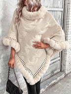 Blue Zone Planet | Faux Fur Trim Cable-Knit Poncho