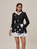 Deep V-Neck 3D Rosette Applique Contrast Blazer Mini Dress