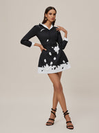 Deep V-Neck 3D Rosette Applique Contrast Blazer Mini Dress