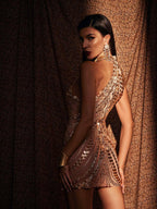 Halter Neck Mock Neck Beaded Chevron Sequin Bodycon Mini Dress