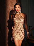 Halter Neck Mock Neck Beaded Chevron Sequin Bodycon Mini Dress