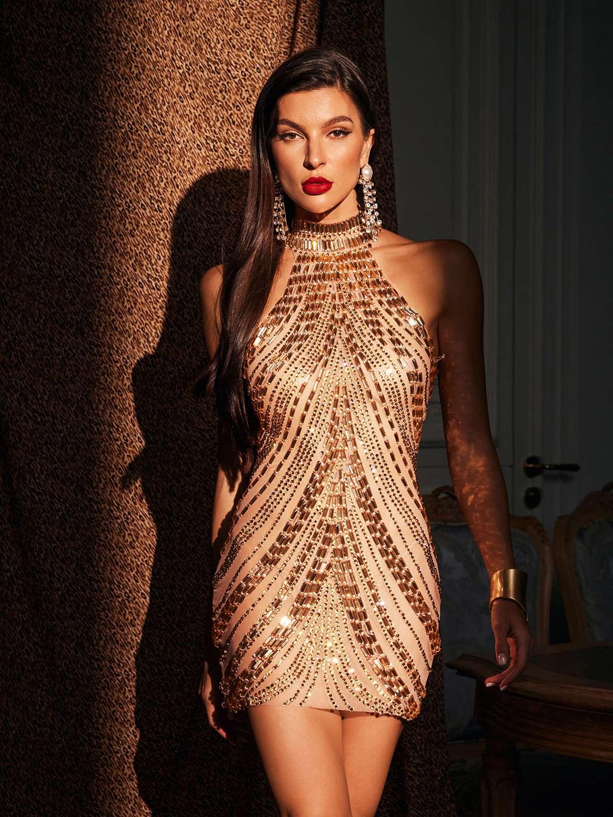 Halter Neck Mock Neck Beaded Chevron Sequin Bodycon Mini Dress