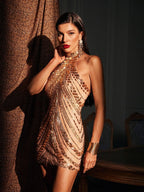 Halter Neck Mock Neck Beaded Chevron Sequin Bodycon Mini Dress