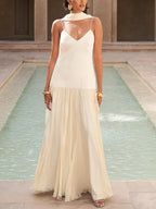 Spaghetti Strap V-Neck Pleated Drop Waist Scarf Tie Maxi Dress