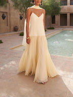 Spaghetti Strap V-Neck Pleated Drop Waist Scarf Tie Maxi Dress