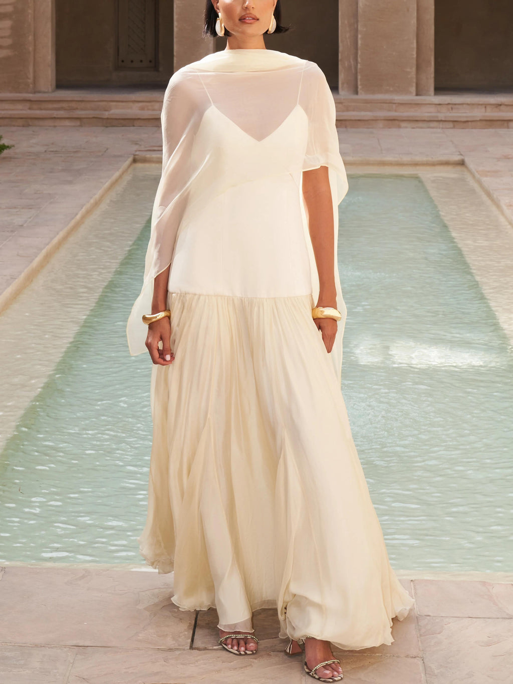 Spaghetti Strap V-Neck Pleated Drop Waist Scarf Tie Maxi Dress