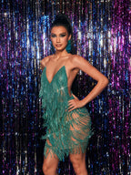 Crystal Chain Fringe Mesh Spaghetti Strap Tiered Fringe Mini Dress