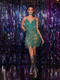 Crystal Chain Fringe Mesh Spaghetti Strap Tiered Fringe Mini Dress