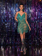 Crystal Chain Fringe Mesh Spaghetti Strap Tiered Fringe Mini Dress