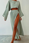 Flare Sleeve Crop Top Slit Skirt Cover-up Set