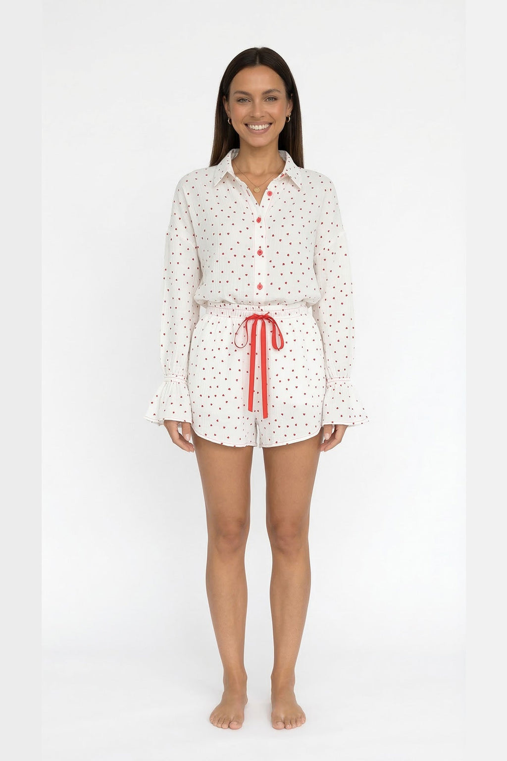 Flare Sleeve Heart Print Bow Tie Cotton Three-piece Set