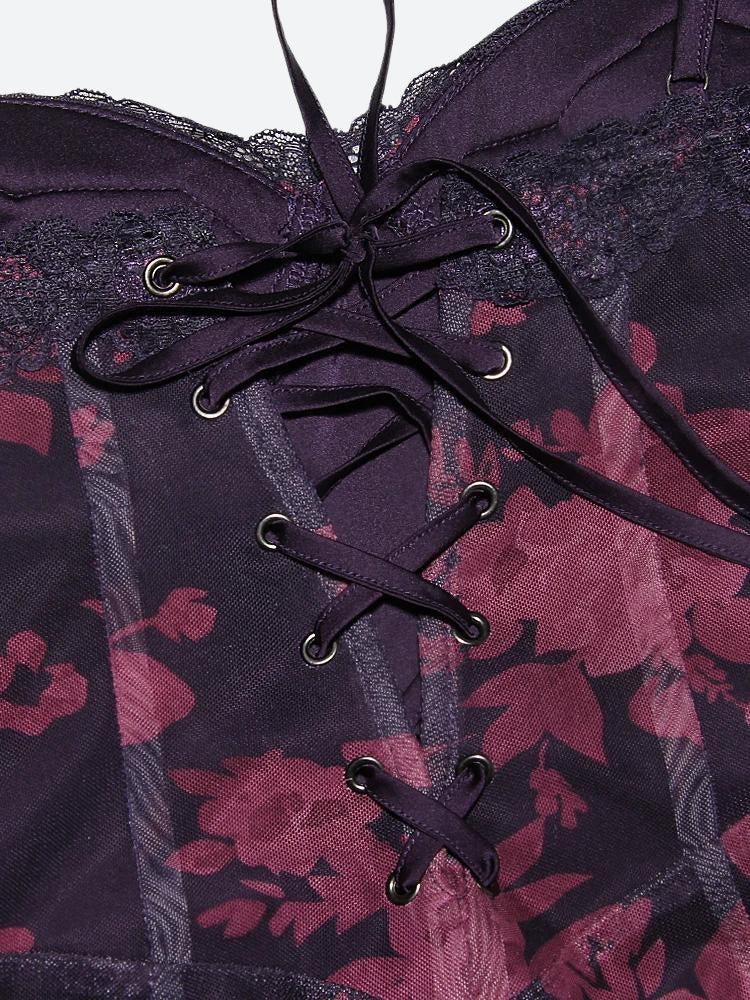Floral Print Sweetheart Spaghetti Strap Corset Sheer Overlay Maxi Dress
