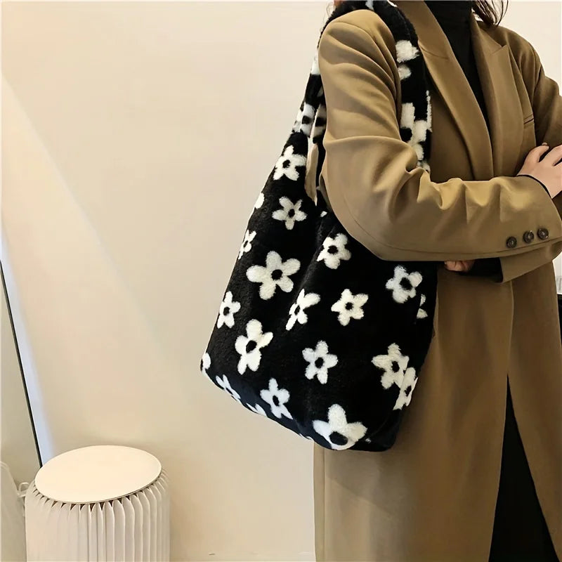 Floral Faux Fur Hobo Bag