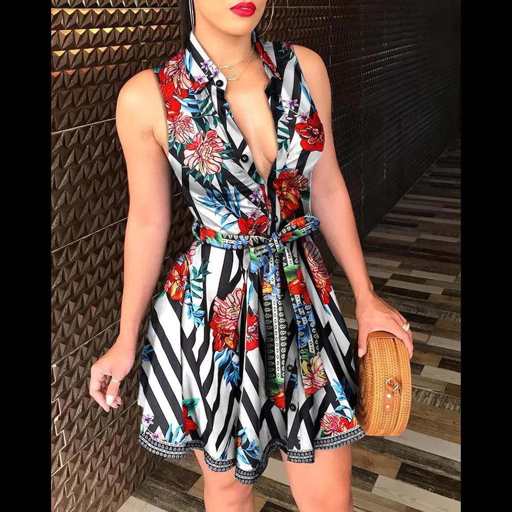 Chain Logo Print Collared Deep V-Neck Tie Waist Shirt Mini Dress