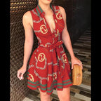 Chain Logo Print Collared Deep V-Neck Tie Waist Shirt Mini Dress