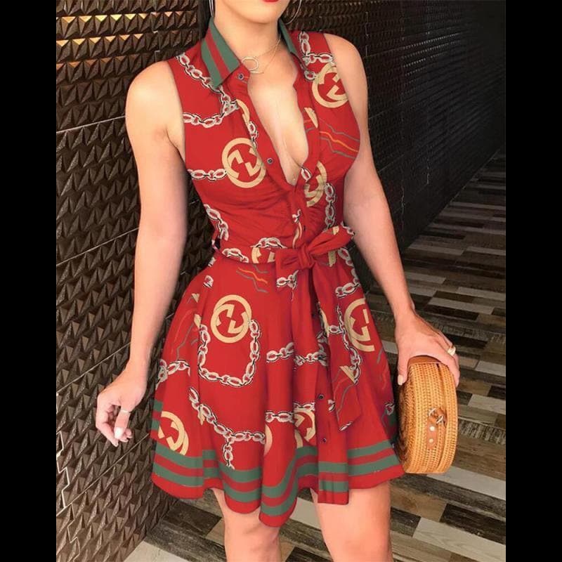Chain Logo Print Collared Deep V-Neck Tie Waist Shirt Mini Dress